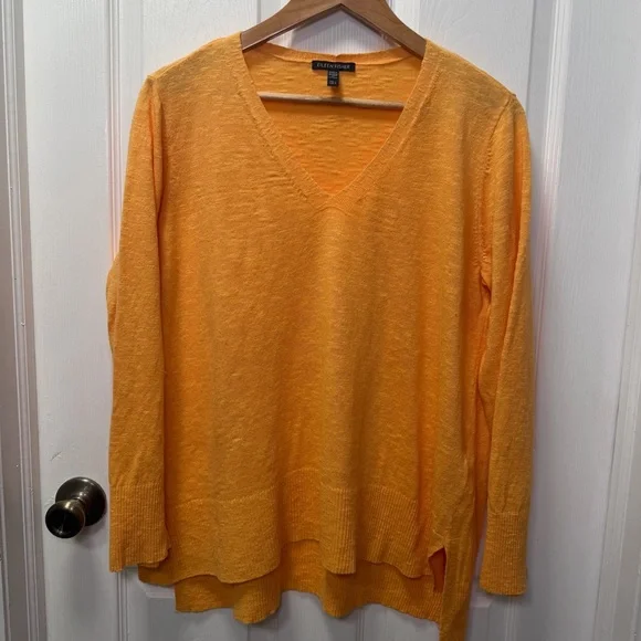 Eileen Fisher Linen Cotton V-Neck Sweater Orange/Yellow Boxy High Low Large L - Picture 3 of 8